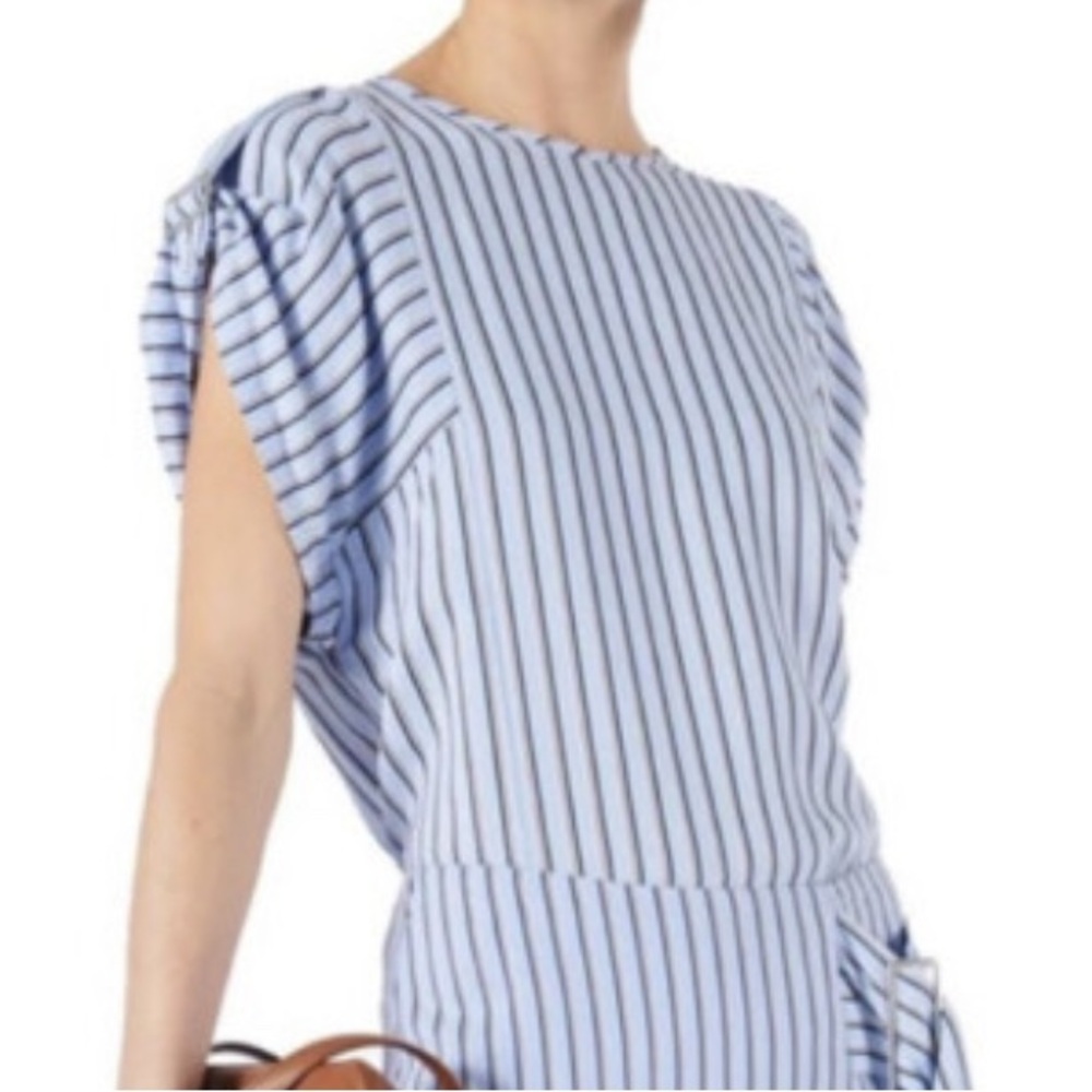 Tibi Striped Sleeveless Top Medium Blue White Buckle Shoulder Designer EUC